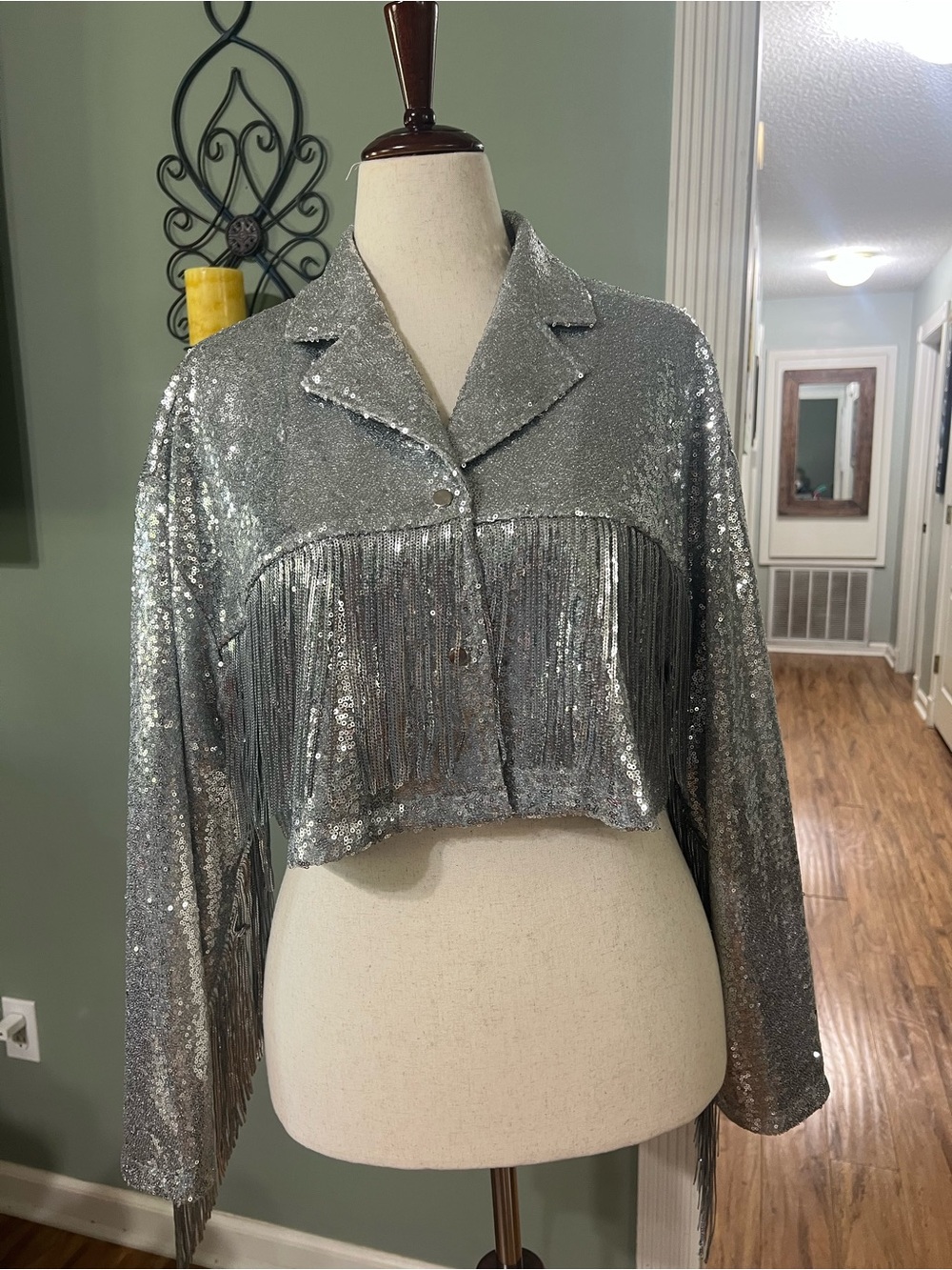 Silver Sequin Fringe Crop Jacket - Women's Party Top - Picture 5 of 7